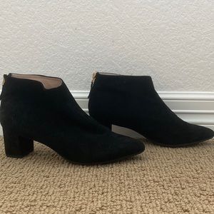 Black suede 7.5 Sudini Bria booties with zipper access in back.